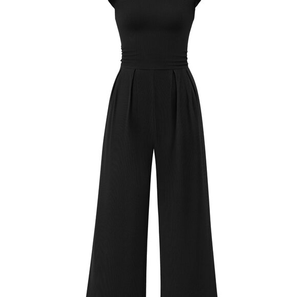 Summer Rib Knit Jumpsuit with Ruffle Sleeves Crew Neck Slim Fit